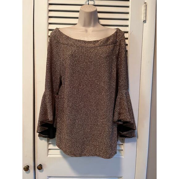 Prelude‎ Women's Long Sleeve Sequined Blouse bronze black L  Flouncy Sleeve - Picture 1 of 5